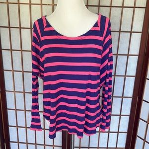 Splendid Pink and Navy Striped Waffle Knit Long Sleeve Top